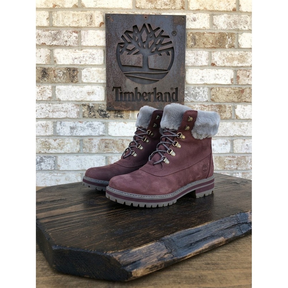 Timberland Courmayeur Valley Burgundy Nubuck Faux Fur Lace Up Boots Women